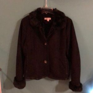 Faux fur lined fur trimmed black coat